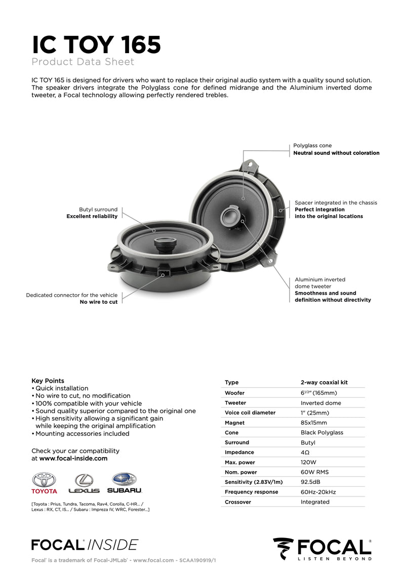 IC TOY 165 Focal Inside 6.5" Polyglass 2-Way Coaxial Speaker Upgrade Kit Plug & Play Compatible with Toyota, Lexus, Subaru, 60W RMS 4 Ohm (Pair)
