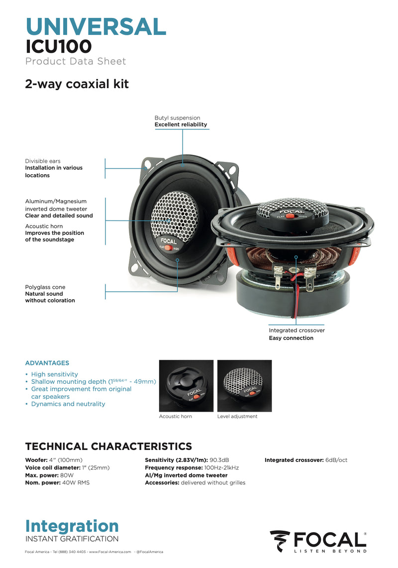 ICU 100 Focal Universal Integration 4" inch Coaxial 2 Way Speakers 40W RMS 4 Ohm Car Audio (Pair)