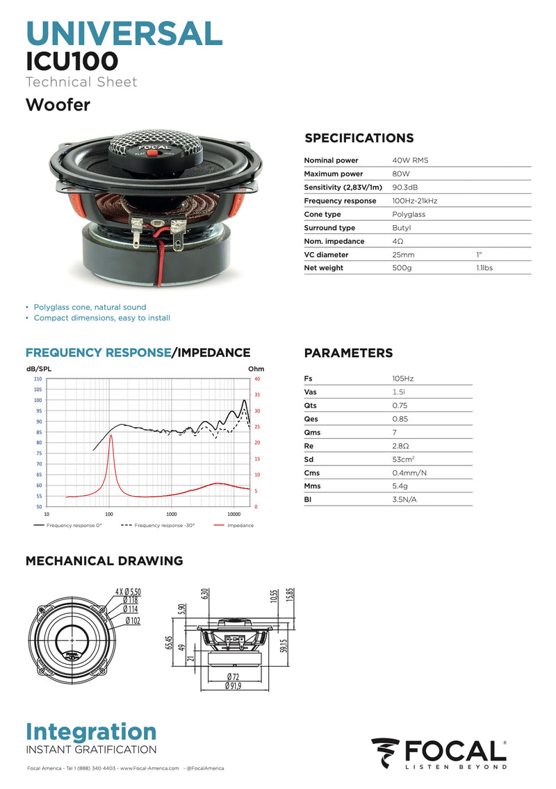 ICU 100 Focal Universal Integration 4" inch Coaxial 2 Way Speakers 40W RMS 4 Ohm Car Audio (Pair)