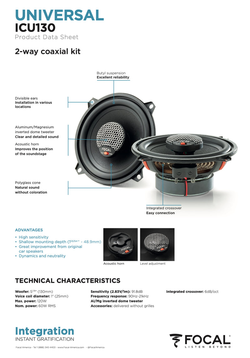 ICU 130 Focal Universal Integration 5.25" 5 1/4 inch Coaxial 2 Way Speakers 60W RMS 4 Ohm Car Audio (Pair)