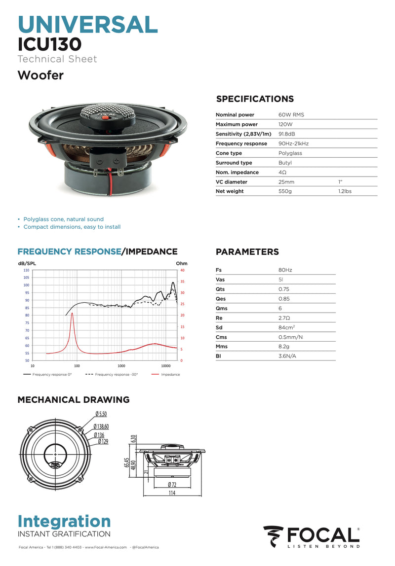 ICU 130 Focal Universal Integration 5.25" 5 1/4 inch Coaxial 2 Way Speakers 60W RMS 4 Ohm Car Audio (Pair)