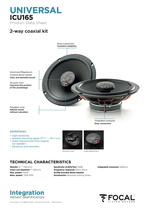 ICU 165 Focal Universal Integration 6.5" 6 1/2 inch Coaxial 2 Way Speakers 70W RMS 4 Ohm Car Audio (Pair)