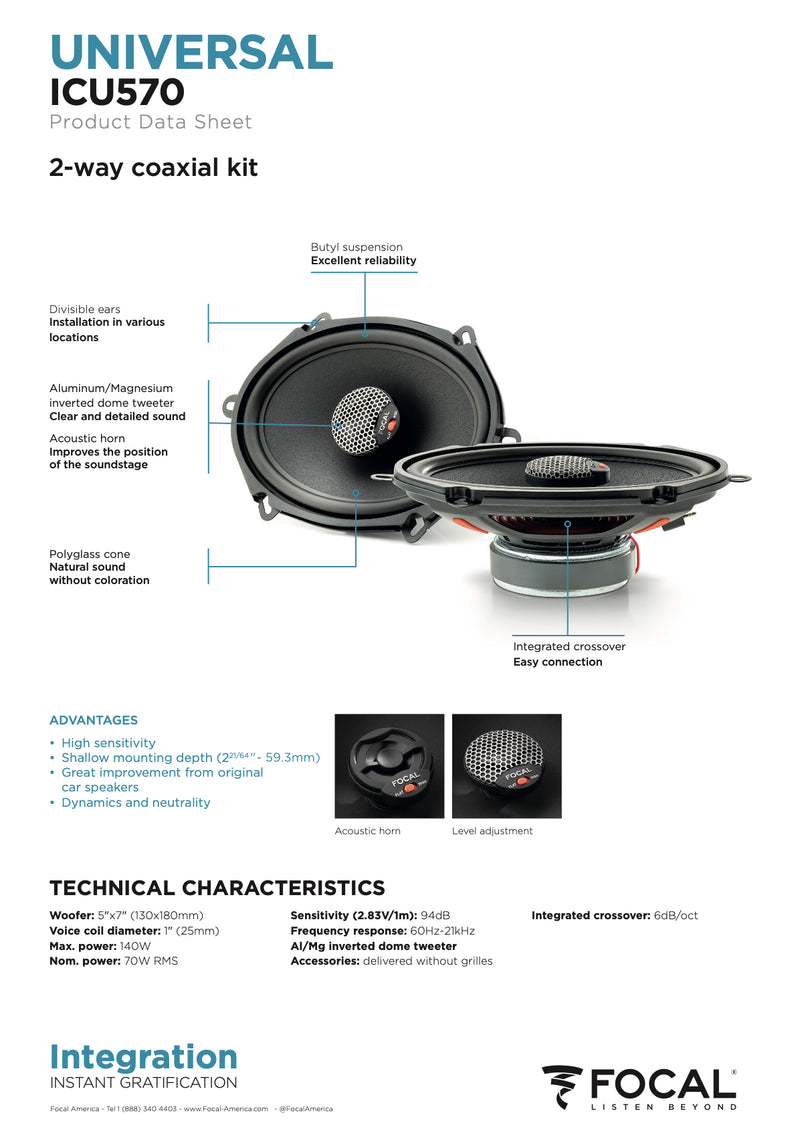 ICU 570 Focal Universal Integration 5x7" 6x8" Coaxial 2 Way Speakers 70W RMS 4 Ohm Car Audio (Pair)