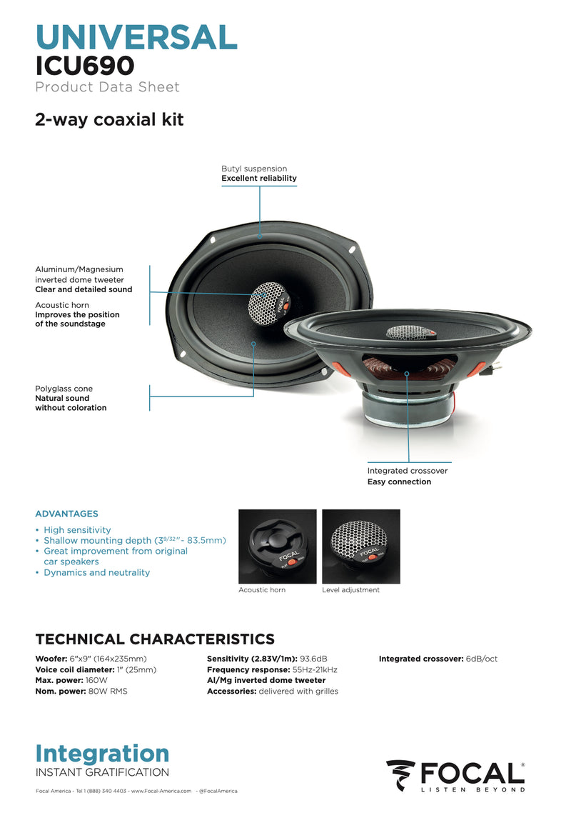 ICU 690 Focal Universal Integration 6x9" Coaxial 2 Way Speakers 80W RMS 4 Ohm Car Audio (Pair)