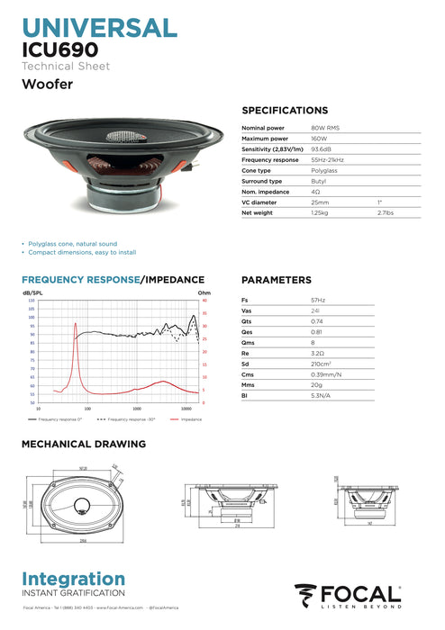 ICU 690 Focal Universal Integration 6x9" Coaxial 2 Way Speakers 80W RMS 4 Ohm Car Audio (Pair)