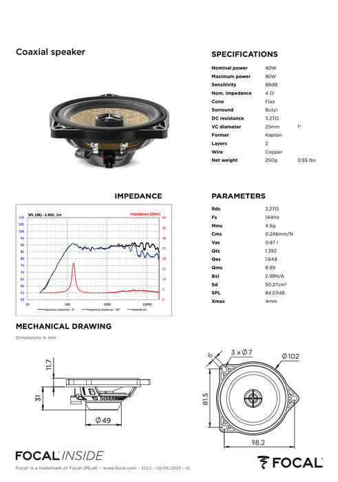 IC T3Y 100 Focal Inside Flax 2-Way Coaxial Speaker Upgrade Kit Plug & Play Compatible with Tesla Model 3 & Model Y, 40W RMS 4 Ohm (Pair)