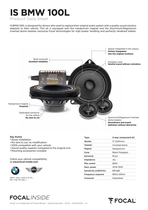 IS BMW 100L Focal Inside 2-Way Component Speaker Upgrade Kit Plug & Play Compatible with BMW, 40W RMS 4 Ohm (Pair)