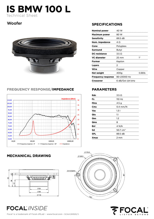 IS BMW 100L Focal Inside 2-Way Component Speaker Upgrade Kit Plug & Play Compatible with BMW, 40W RMS 4 Ohm (Pair)