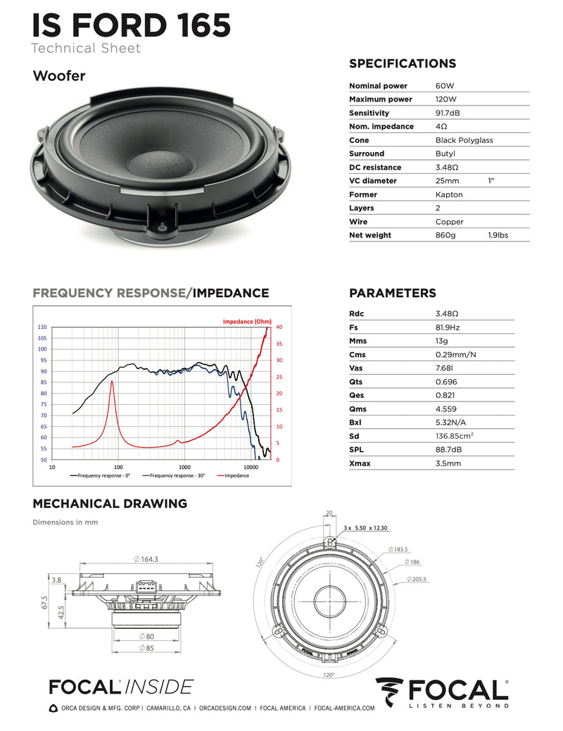 IS FORD 165 Focal Inside 6.5" Polyglass 2-Way Component Speaker Upgrade Kit Plug & Play Compatible with Ford, Lincoln, 60W RMS 4 Ohm (Pair)