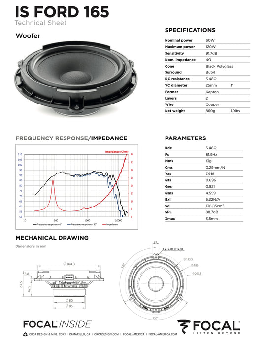 IS FORD 165 Focal Inside 6.5" Polyglass 2-Way Component Speaker Upgrade Kit Plug & Play Compatible with Ford, Lincoln, 60W RMS 4 Ohm (Pair)