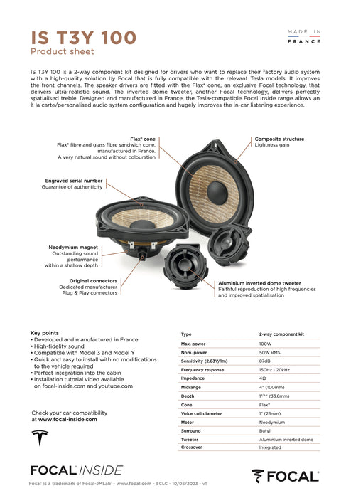 IS T3Y 100 Focal Inside Flax 2-Way Component Speaker Upgrade Kit Plug & Play Compatible with Tesla Model 3 & Model Y, 50W RMS 4 Ohm (Pair)