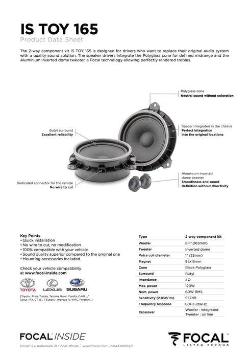 IS TOY 165 Focal Inside 6.5" Polyglass 2-Way Component Speaker Upgrade Kit Plug & Play Compatible with Toyota, Lexus, Subaru, 60W RMS 4 Ohm (Pair)