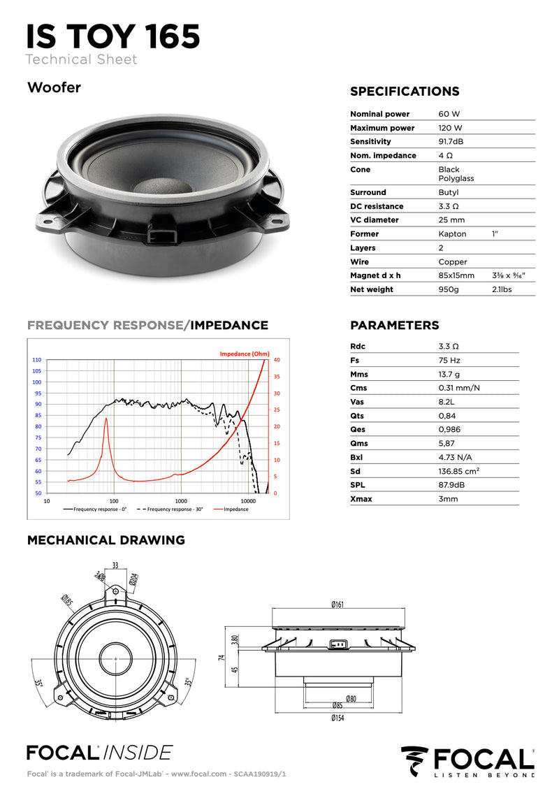 IS TOY 165 TWU Focal Inside 6.5" Polyglass 2-Way Component Speaker w/ Universal Tweeter Upgrade Kit Plug & Play Compatible with Toyota, Lexus, Subaru, 60W RMS 4 Ohm (Pair)