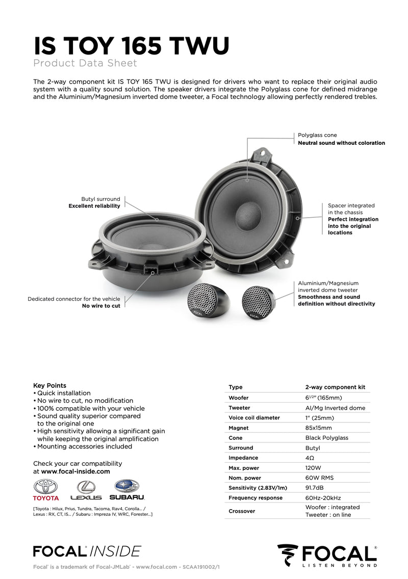IS TOY 165 TWU Focal Inside 6.5" Polyglass 2-Way Component Speaker w/ Universal Tweeter Upgrade Kit Plug & Play Compatible with Toyota, Lexus, Subaru, 60W RMS 4 Ohm (Pair)