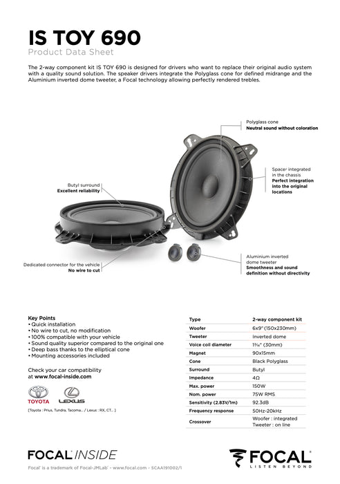 IS TOY 690 Focal Inside 6x9" Polyglass 2-Way Component Speaker Upgrade Kit Plug & Play Compatible with Toyota, Lexus, 75W RMS 4 Ohm (Pair)