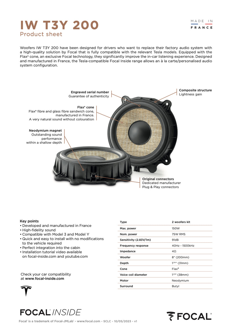 IW T3Y 200 Focal Inside Flax 8" Woofer Upgrade Kit Plug & Play Compatible with Tesla Model 3 & Model Y, 75W RMS 4 Ohm (Pair)