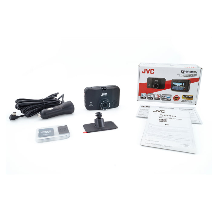 KV-DR305W JVC Dash Cam 1080p Full HD Recorder GPS w/ 2.7" LCD Screen Dashboard Camera, Built-in Wi-Fi, 3-Axis G-Force Sensor, Night Enhancement WDR, Includes 16GB Class 10 microSD Card