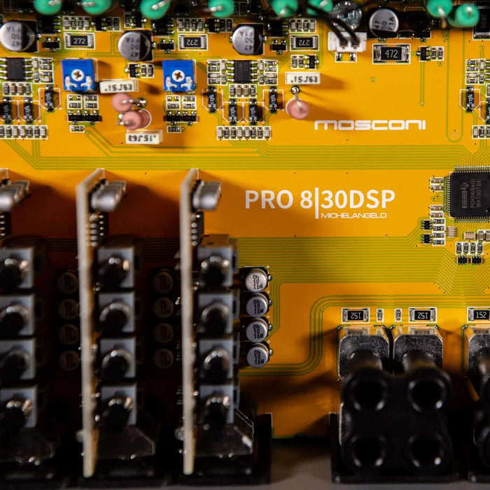 PRO 8|30 DSP Mosconi Gladen Pro Line 8 Channel Class A/B Amplifier With Built-In 12 Channel DSP, 4x90W + 4x170W 4 Ohm, 4x115W + 4x220W 2 Ohm Car Audio Amplifier