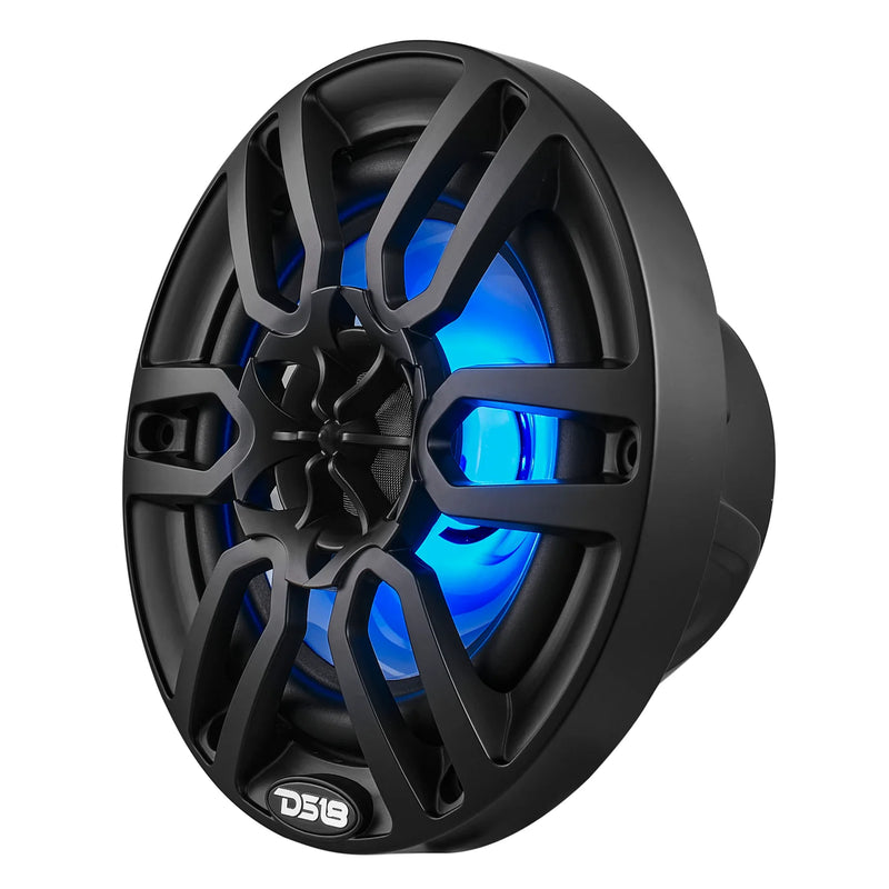 Close-up of DS18 NXL-6 BK marine speaker grille with LED lighting