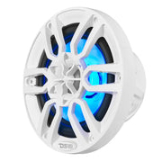 Close up of DS18 NXL-6 RGB LED marine speaker grille in white finish