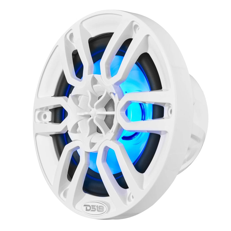 Close up of DS18 NXL-6 RGB LED marine speaker grille in white finish