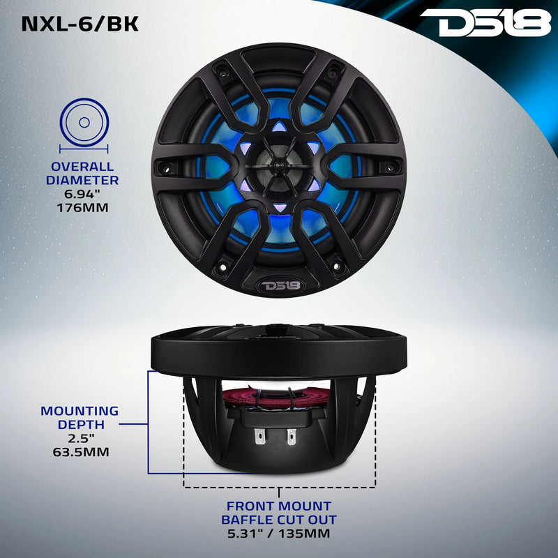 NXL-6/BK DS18 Black 6.5" 2-Way Marine Speakers with RGB LED Lights | 100W RMS Waterproof Coaxial Speakers 4 Ohm (Pair)