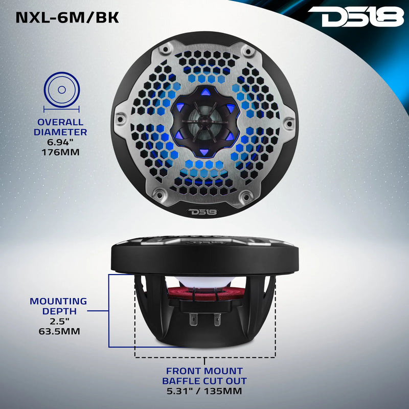 NXL-6M/BK DS18 NXL HYDRO 6.5" Marine Coaxial Speakers with RGB LED Lights | 100W RMS Each 300W Max Pair | Black