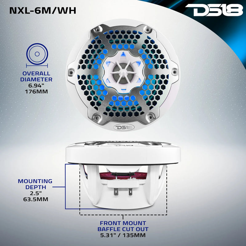 NXL-6M/WH DS18 NXL HYDRO 6.5" Marine Coaxial Speakers with RGB LED Lights | 100W RMS Each 300W Max Pair | White