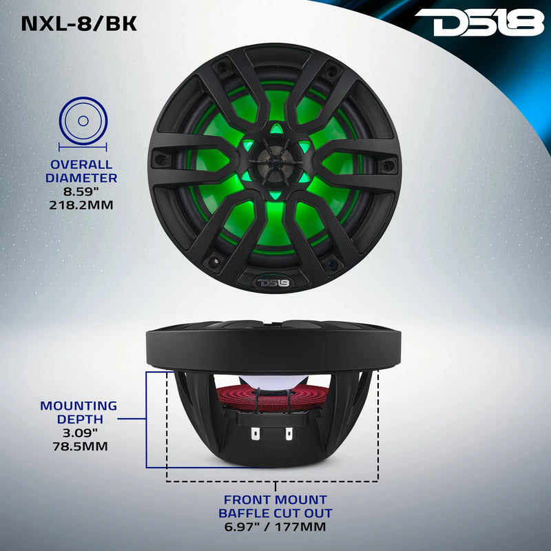 NXL-8/BK DS18 Black 8" 2-Way Marine Speakers with RGB LED Lights | 125W RMS Waterproof Coaxial Speakers 4 Ohm (Pair)