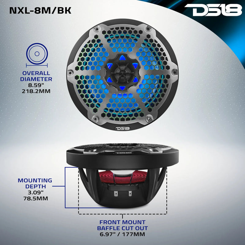 NXL-8M/BK DS18 NXL HYDRO 8" Marine Coaxial Speakers with RGB LED Lights | 125W RMS Each 375W Max Pair | Black