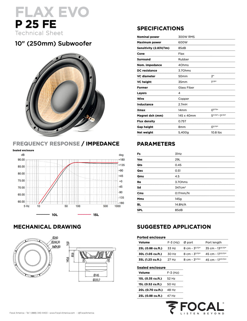SUB P 25 FE Focal Flax Evo 10" Subwoofer Sub 300W RMS 4 Ohm SVC