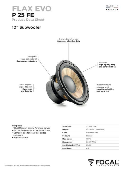 SUB P 25 FE Focal Flax Evo 10" Subwoofer Sub 300W RMS 4 Ohm SVC