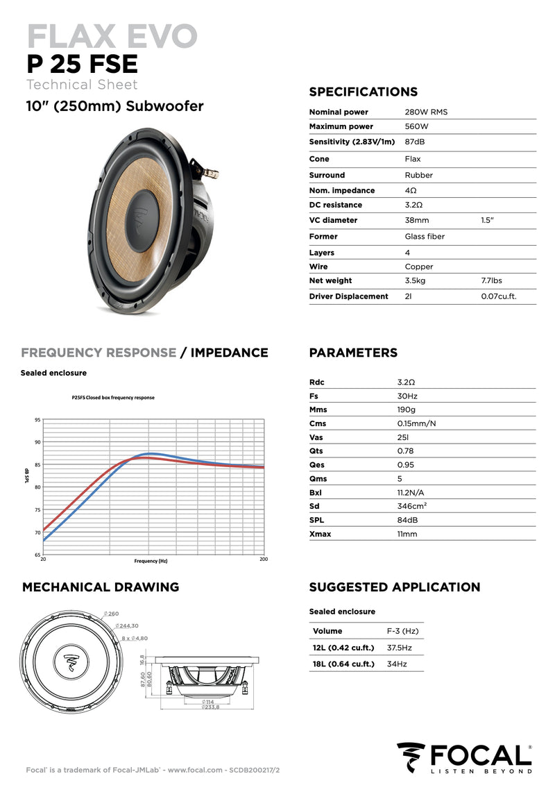 SUB P 25 FSE Focal Flax Evo 10" Thin Profile Subwoofer Sub 280W RMS 4 Ohm SVC