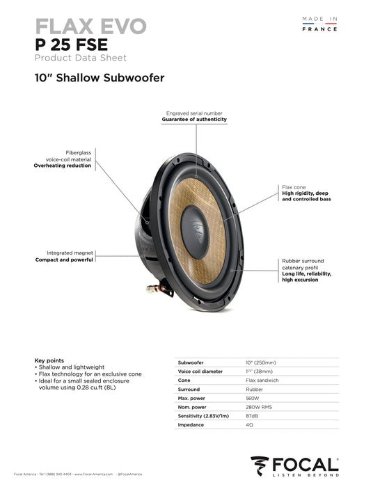 SUB P 25 FSE Focal Flax Evo 10" Thin Profile Subwoofer Sub 280W RMS 4 Ohm SVC