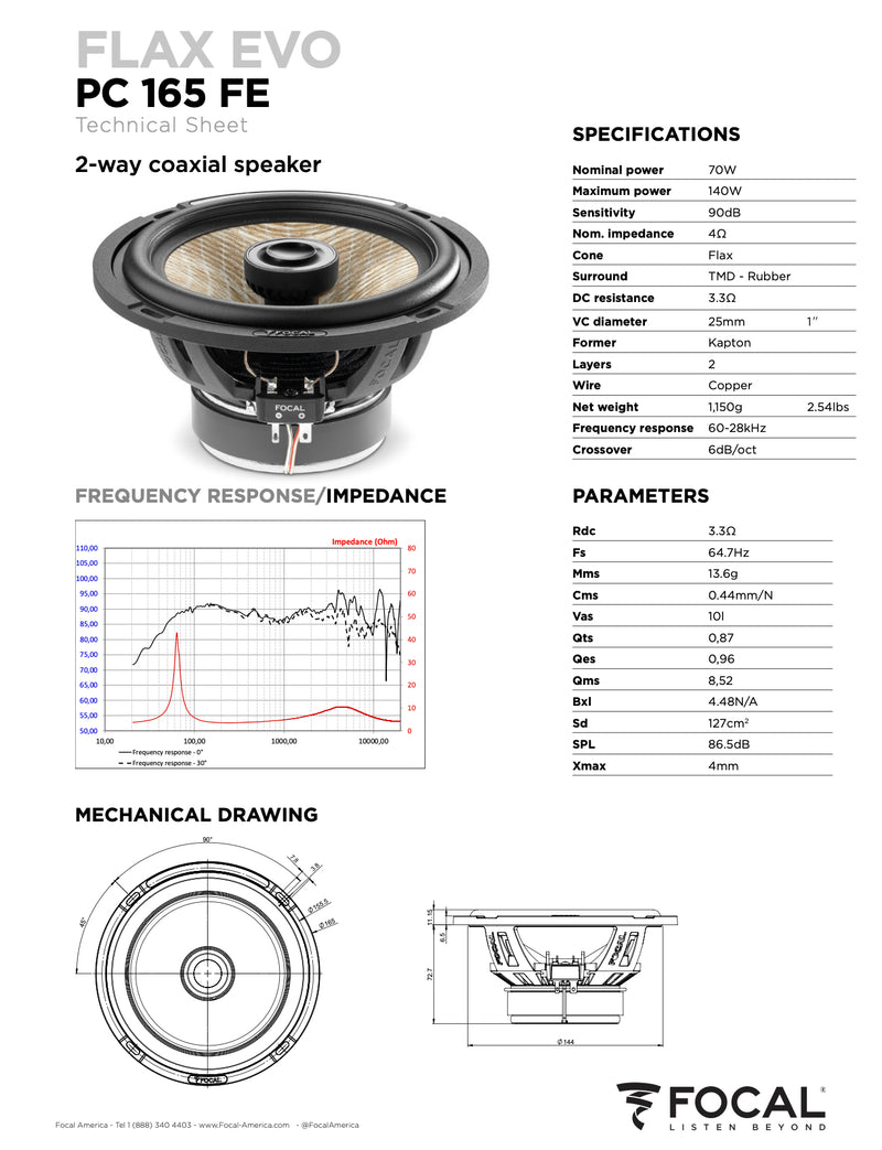 PC 165 FE Focal Flax Evo 6.5" 6 1/2 inch Coaxial 2 Way Speakers 70W RMS 4 Ohm Performance Car Audio (Pair)