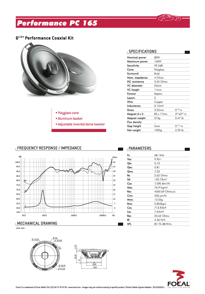 PC 165 Focal Expert 6.5" 6 1/2 inch Coaxial 2 Way Speakers 80W RMS 4 Ohm Performance Car Audio (Pair)
