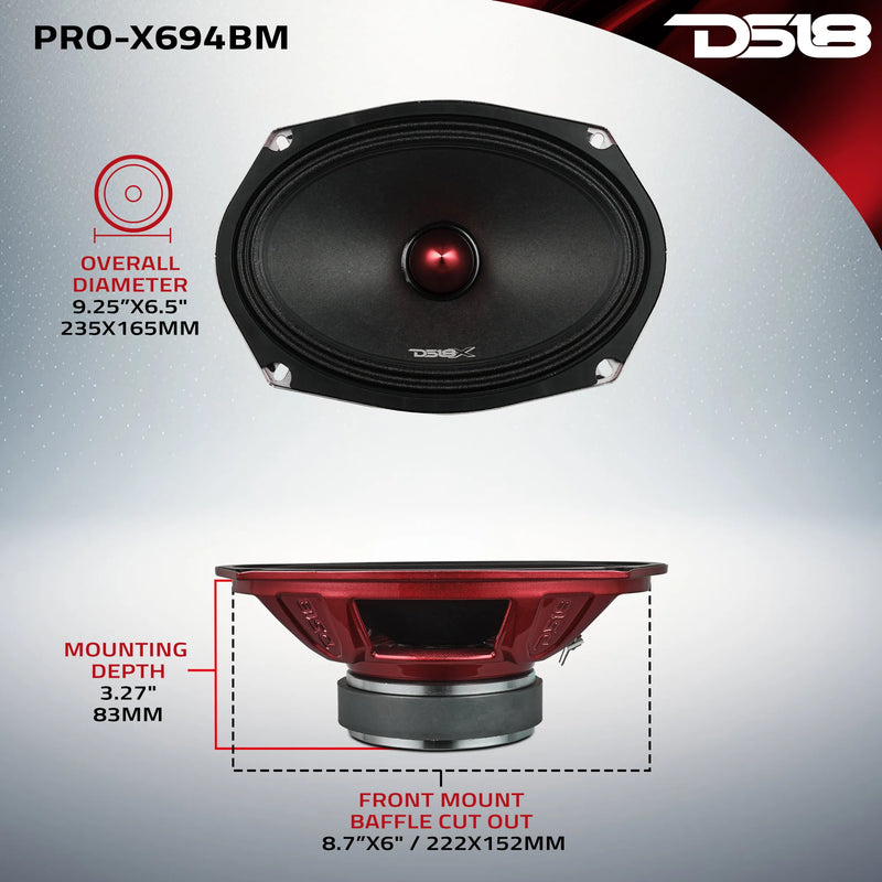 PRO-X694BM DS18 6x9 Inch Midrange Bullet Loudspeaker 400W Max 200W RMS 4 Ohm Car Audio Speaker with Grill (Single Speaker)