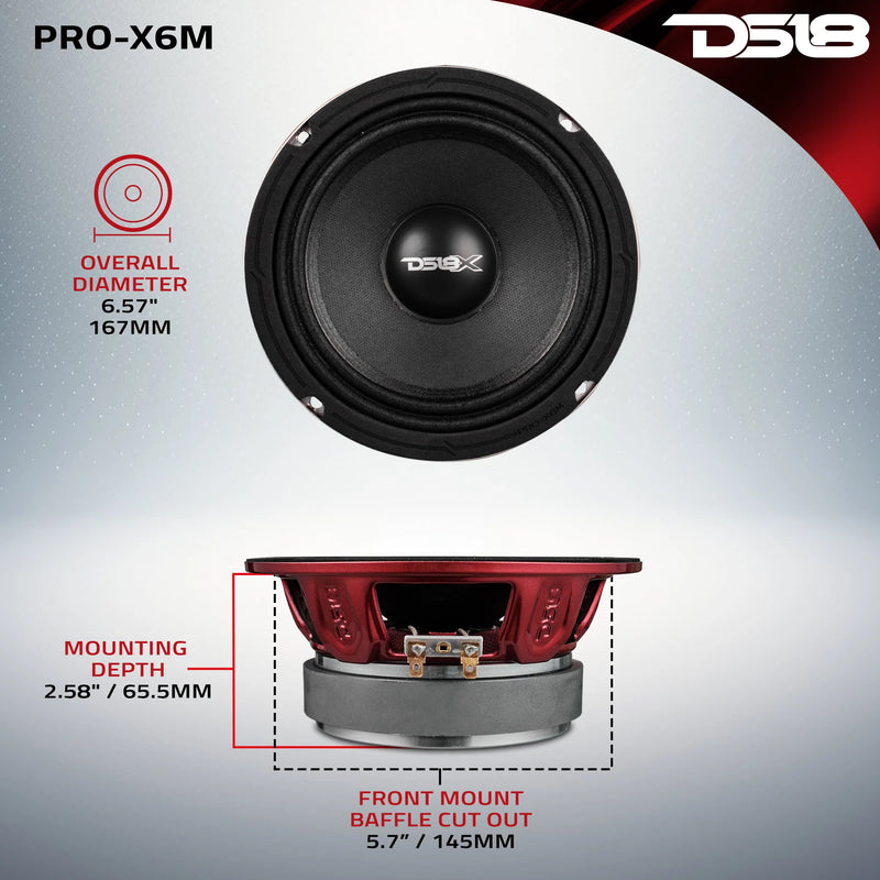 PRO-X6M DS18 6.5" PRO Series 8 Ohm Midrange Speaker 250W RMS 500W Max Car Audio Loudspeaker (Single Speaker)