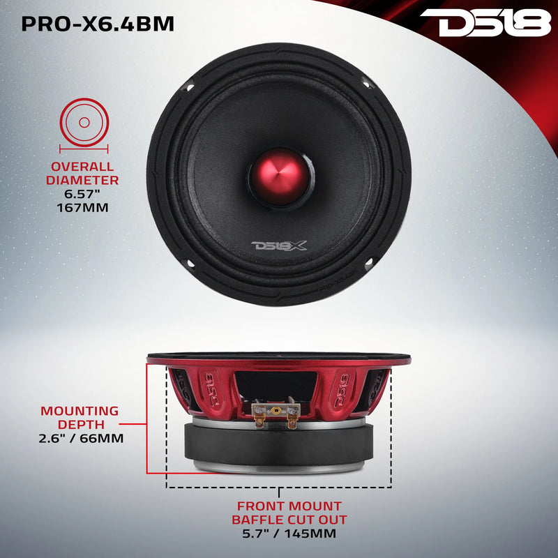 PRO-X6.4BM DS18 6.5 Inch Midrange Bullet Loudspeaker 500W Max 250W RMS 4 Ohm Car Audio (Single Speaker)