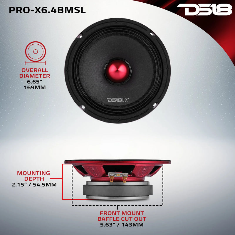 PRO-X6.4BMSL DS18 6.5" Shallow Bullet Midrange Speaker 4 Ohm 200W RMS 400W Max Car Audio Loudspeaker (Single Speaker)