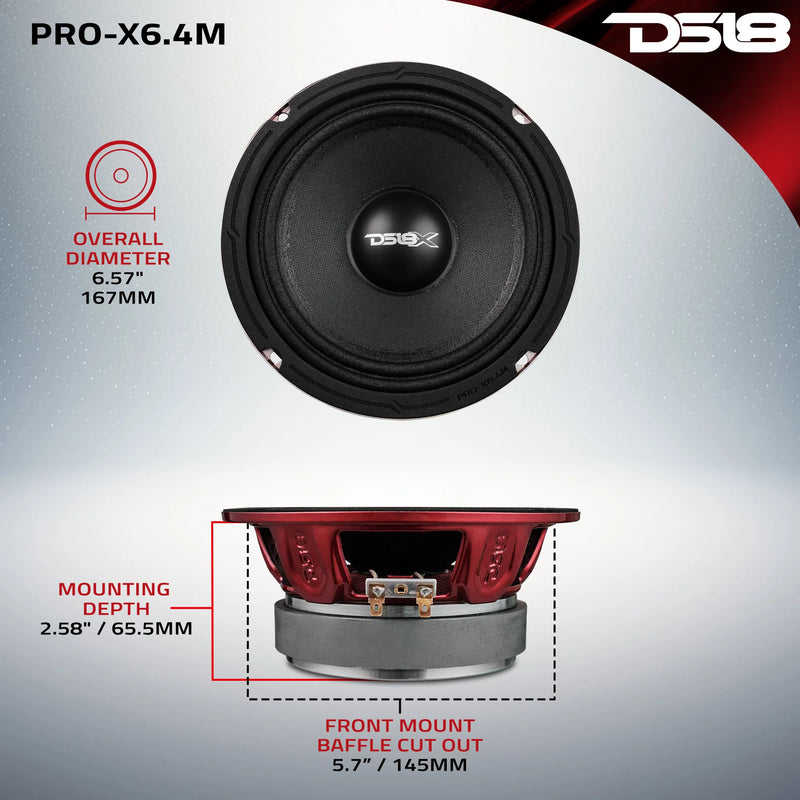 PRO-X6.4M DS18 6.5" PRO Series Midrange Speaker 4 Ohm 250W RMS 500W Max Car Audio Loudspeaker (Single Speaker)