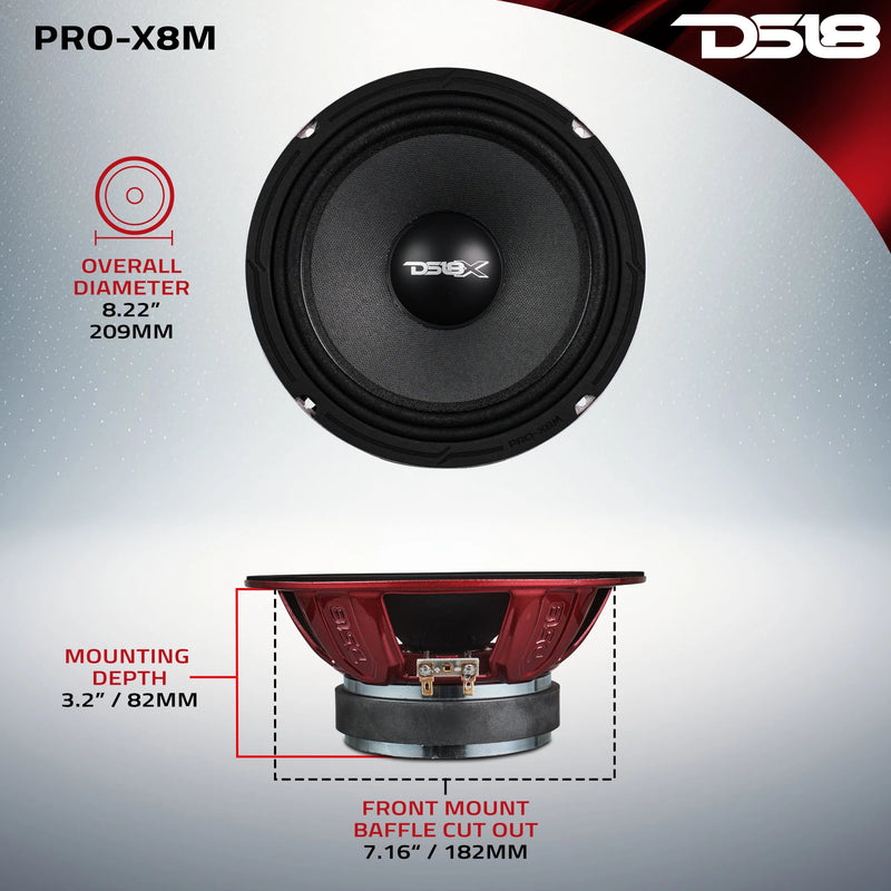 PRO-X8M DS18 8" PRO Series 8 Ohm Midrange Speaker 275W RMS 550W Max Car Audio Loudspeaker (Single Speaker)