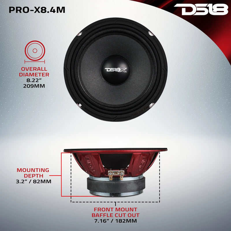 PRO-X8.4M DS18 8" PRO Series Midrange Speaker 4 Ohm 275W RMS 550W Max Car Audio Loudspeaker (Single Speaker)