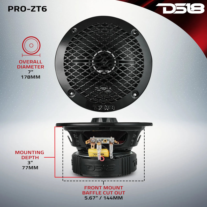 PRO-ZT6 DS18 6.5" Pro Audio Midrange Speaker with Built-In Bullet Tweeter 225W RMS 450W Max 4 Ohm Water-Resistant Coaxial Loudspeaker (Single Speaker)