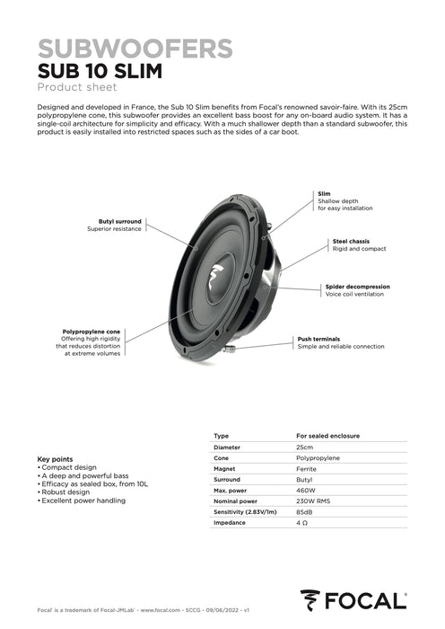 SUB 10 SLIM Focal 10" Thin Profile Compact Subwoofer Sub 230W RMS 4 Ohm SVC