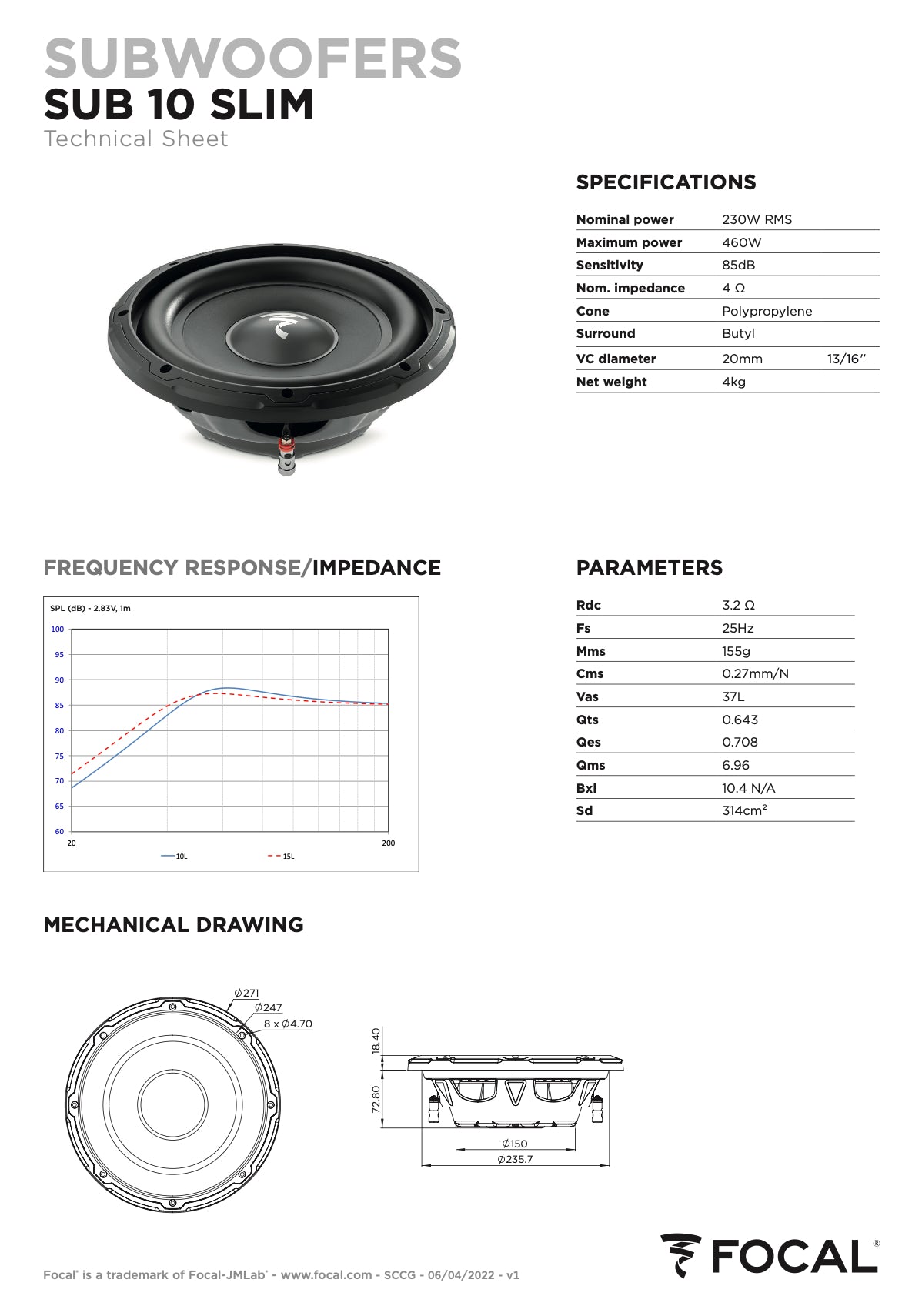 Focal Sub 10 Leistung Einzelne Schwingspule 10 Zoll 4 Ohm
