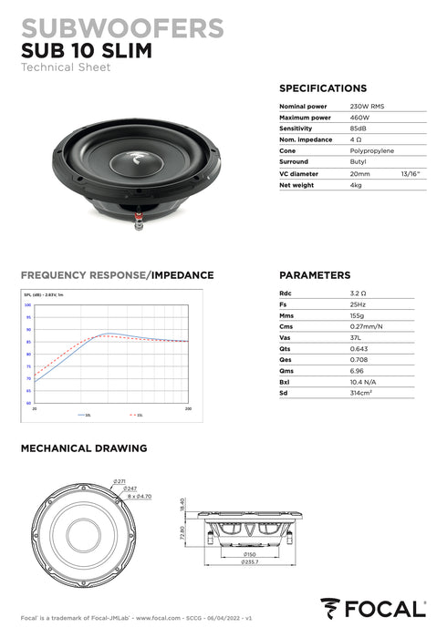 SUB 10 SLIM Focal 10" Thin Profile Compact Subwoofer Sub 230W RMS 4 Ohm SVC