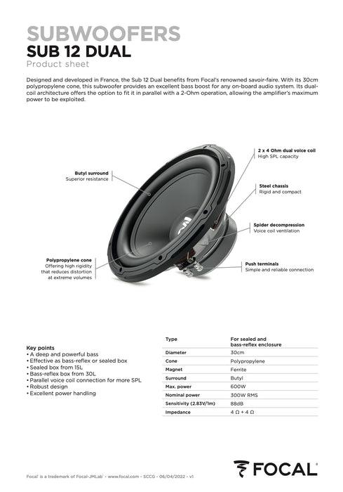 SUB 12 DUAL Focal 12" Dual Coil Subwoofer Sub 300W RMS 4 Ohm DVC