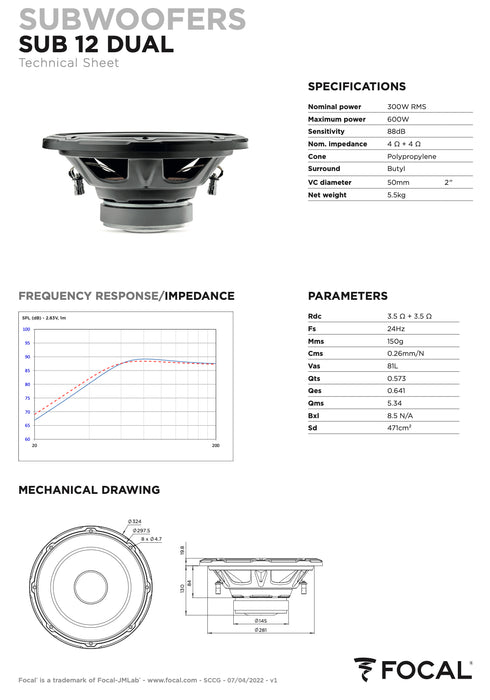 SUB 12 DUAL Focal 12" Dual Coil Subwoofer Sub 300W RMS 4 Ohm DVC