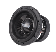 Angled view of Sundown Audio SW-M8 8-inch subwoofer featuring carbon fiber cone and heavy-duty surround